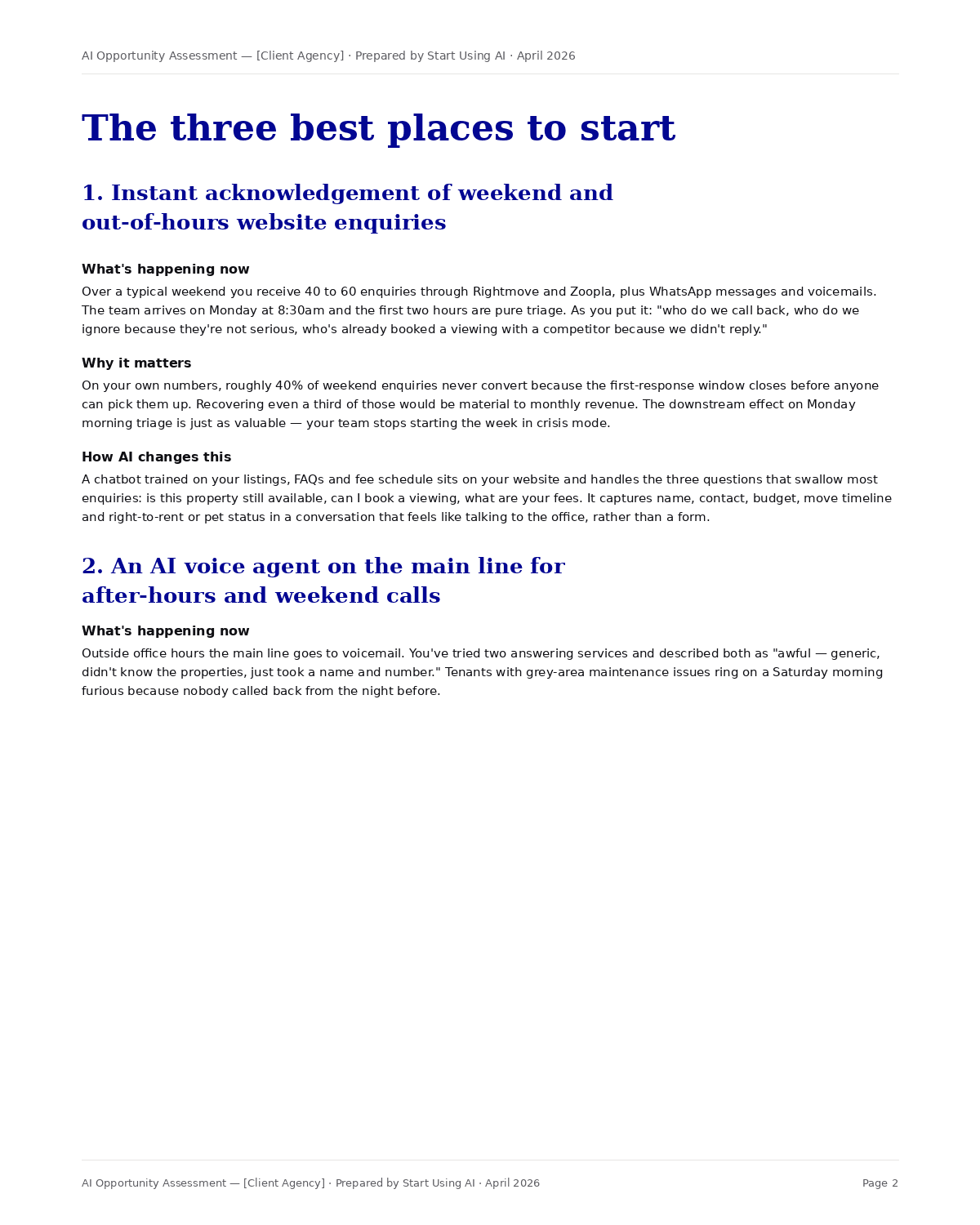 Sample page showing the top three AI opportunities